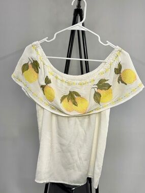 Blue Rain off the shoulder shirt Lemon embroidery